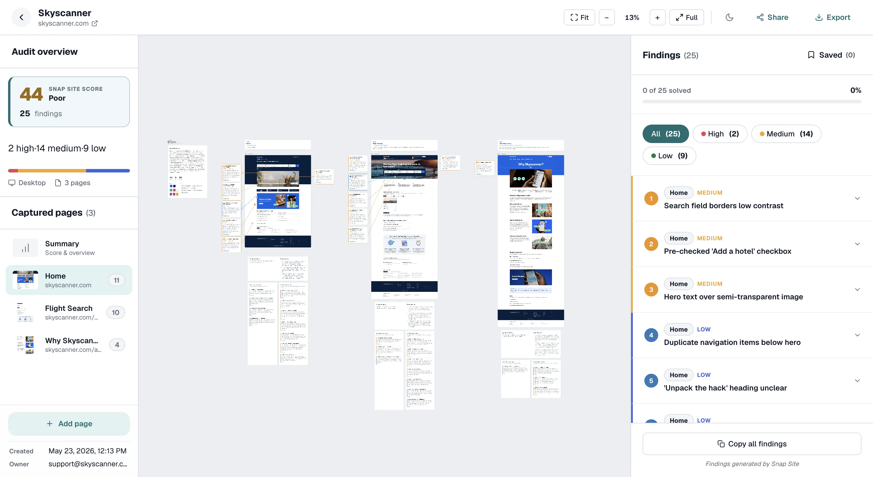 The Snap Site audit canvas showing the audit overview, captured pages, pinned findings on screenshots, and the findings panel.
